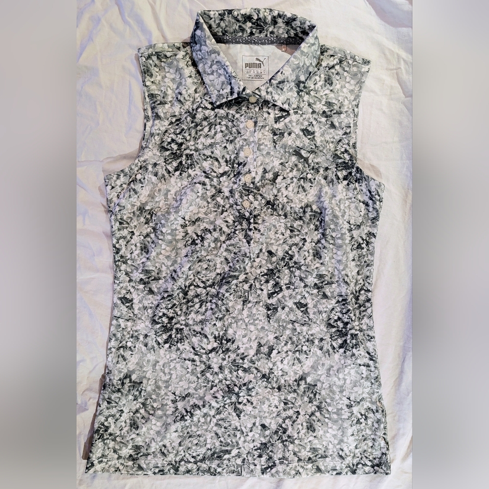 Women's PUMA Gray & White Floral Sleeveless Golf Shirt XS Excellent Condition